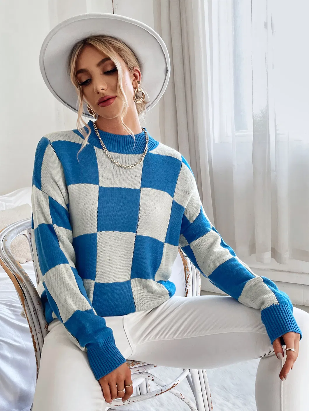 Checkerboard Plaid Sweater Women′ S Loose Pullover Explosion Style European and American Knitted Base Shirt