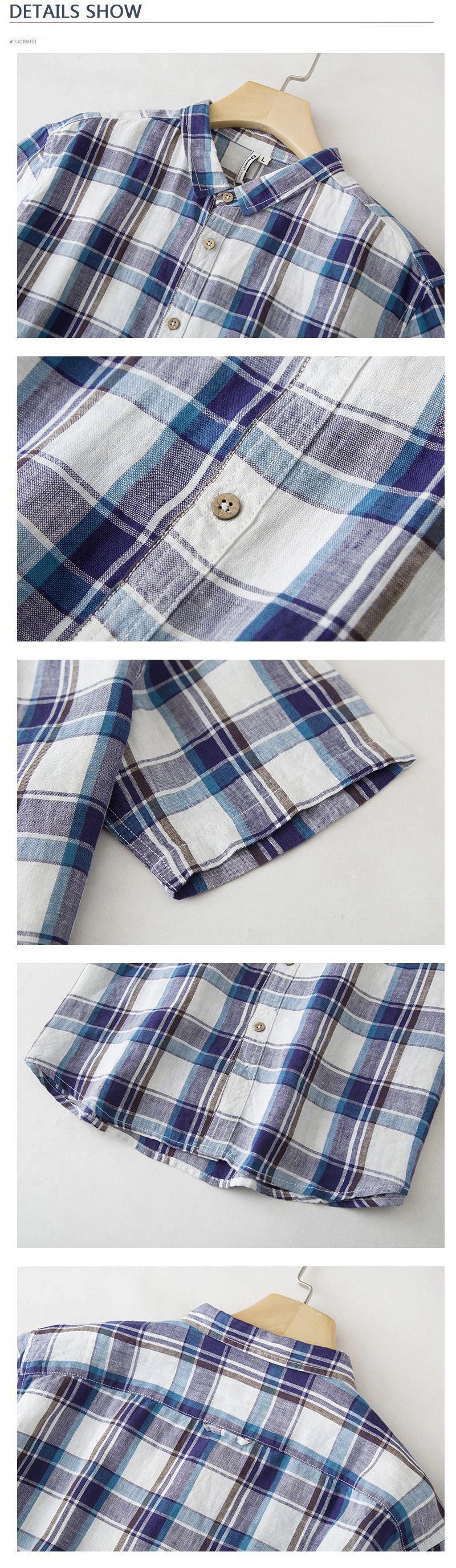 Wholesale Men′s Plaid Linen Cotton Slim Fit Spring Autumn Male Casual Branded Short Sleeved Shirts