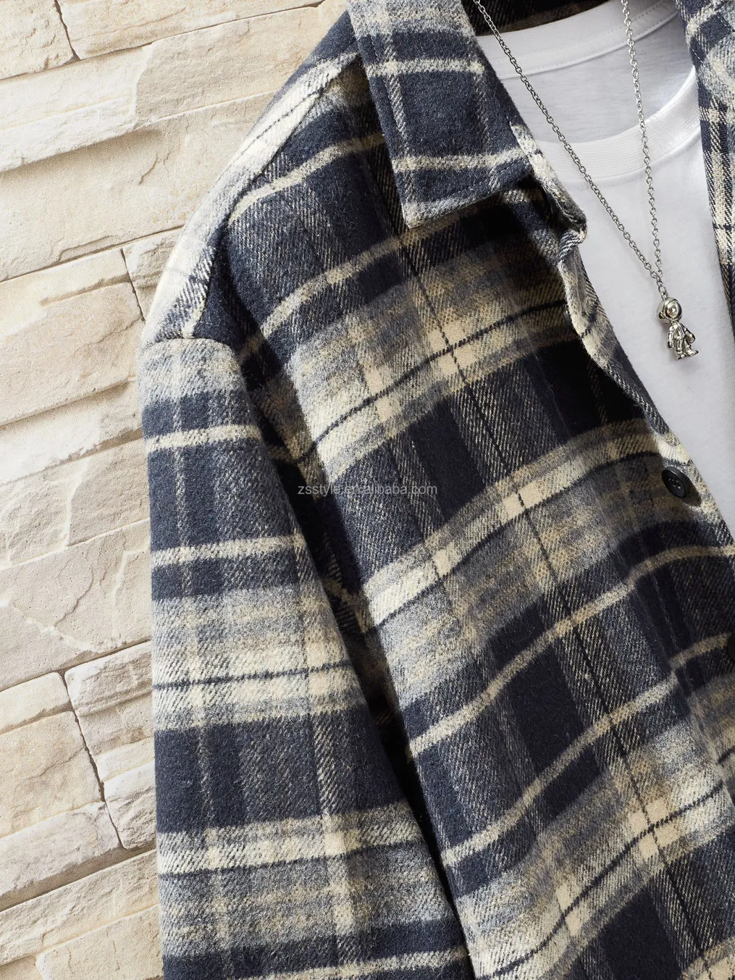 Oversized Coat Down Lapel Long Sleeve Casual Men Plaid Flannel Shirt