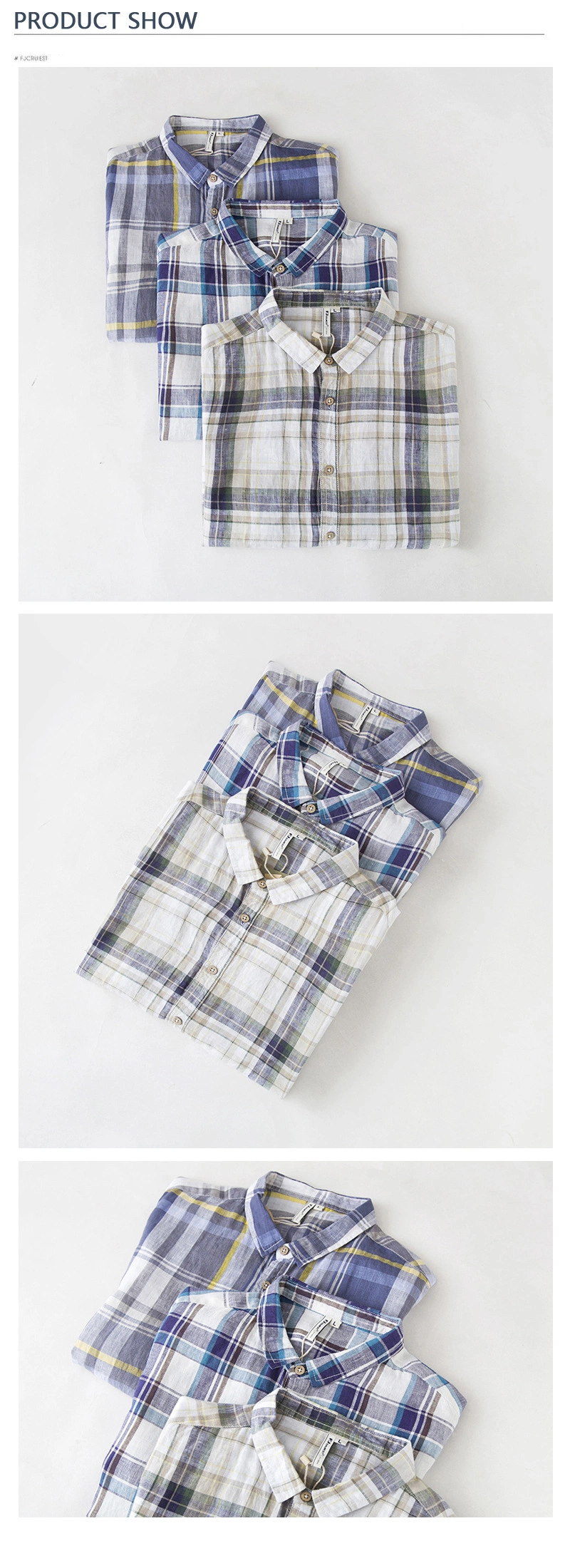 Wholesale Men′s Plaid Linen Cotton Slim Fit Spring Autumn Male Casual Branded Short Sleeved Shirts