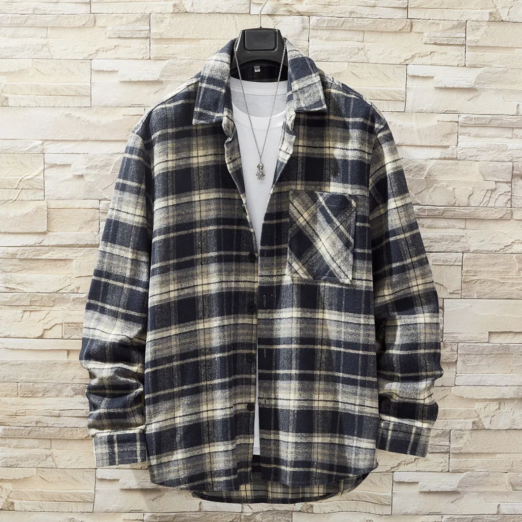 Oversized Coat Down Lapel Long Sleeve Casual Men Plaid Flannel Shirt