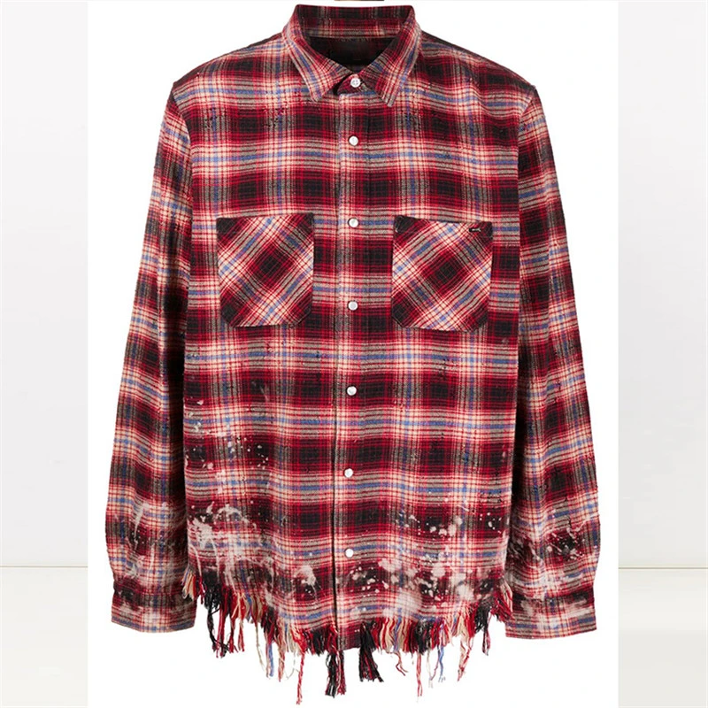 Wholesale Bleach Washed Flannel Shirt Cotton Long Sleeve Casual Men Vintage Plaid Flannel Shirt