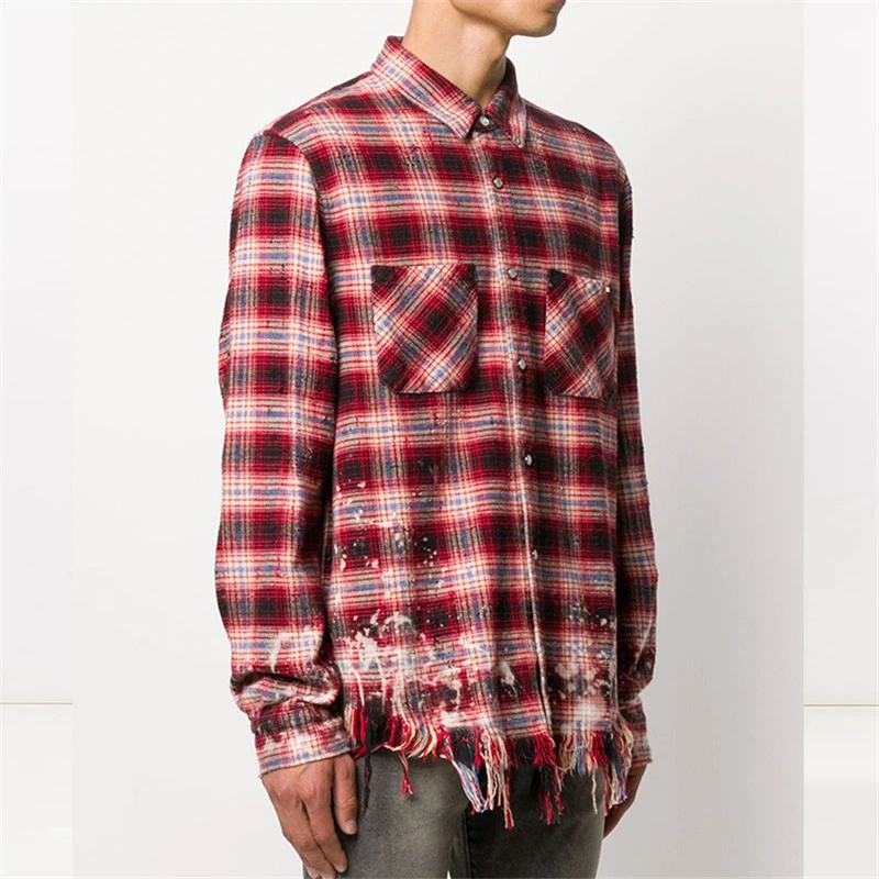 Wholesale Bleach Washed Flannel Shirt Cotton Long Sleeve Casual Men Vintage Plaid Flannel Shirt